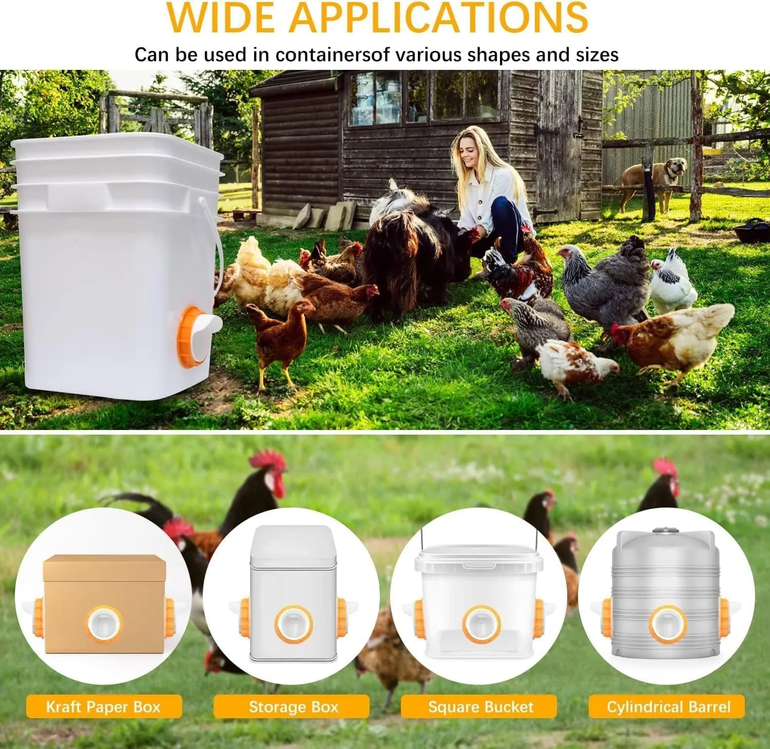 DIY Chicken Feeder No Waste 6 Ports Automatic 4 inch Poultry Feeder with 6 Pcs Stopper & 1 Drill Bit, Weatherproof Gravity Chicken Feeder Kits for Buckets, Barrels, Bins, Troughs (Orange)