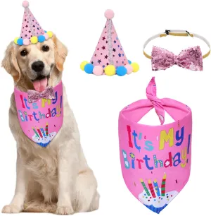 Dog Birthday Decorations Party Supplies - Boy Girl Dog Birthday Hat, Bandana, Bow Set - Medium/Large Dogs (Large, Pink)