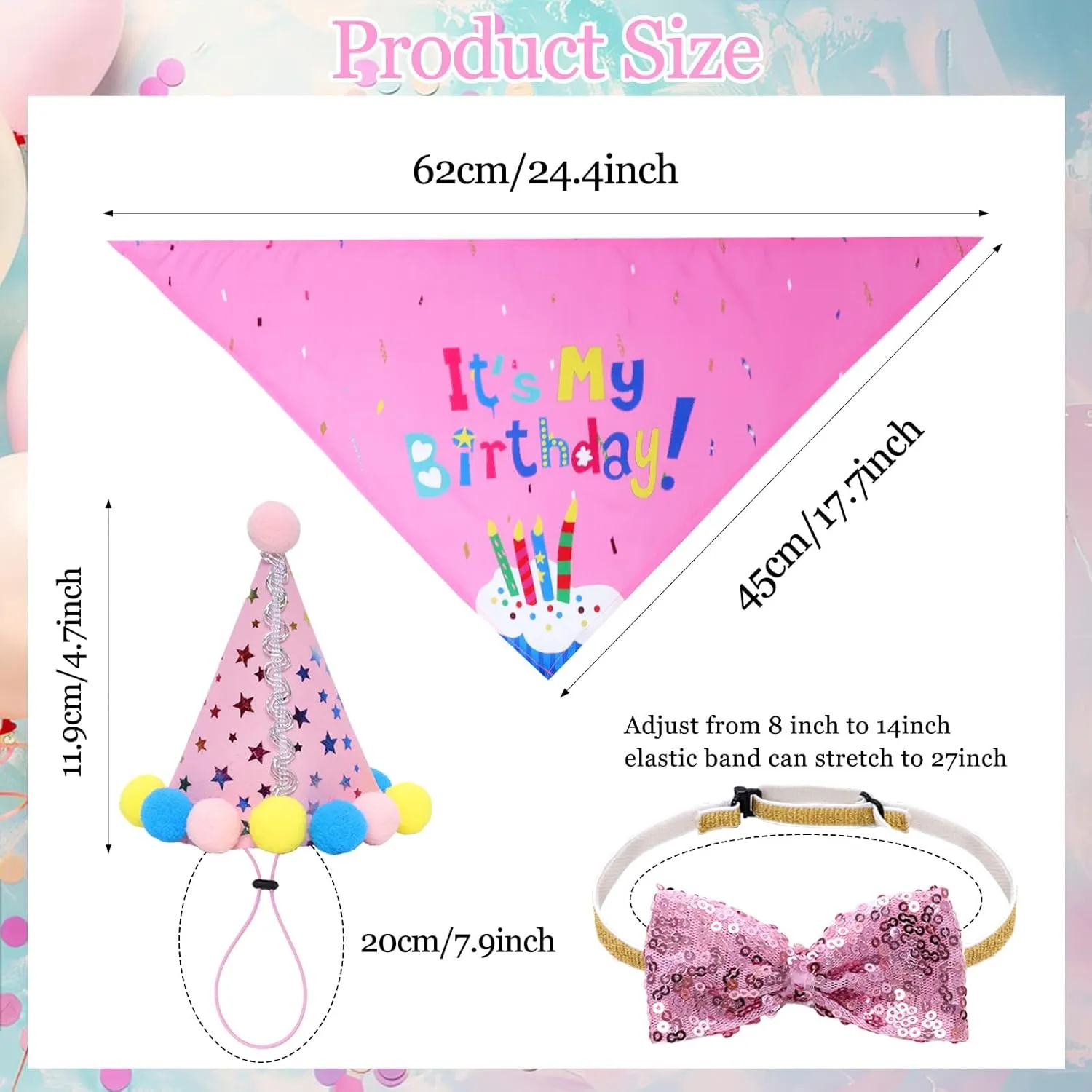 Dog Birthday Decorations Party Supplies - Boy Girl Dog Birthday Hat, Bandana, Bow Set - Medium/Large Dogs (Large, Pink)