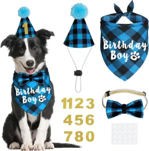 Dog Birthday Party Supplies, Plaid Dog Birthday Hat with Numbers Bandana Bow Tie for Small Medium Large Dogs Pets (Light Blue, Bandana & Hat & Bow Tie & Number)