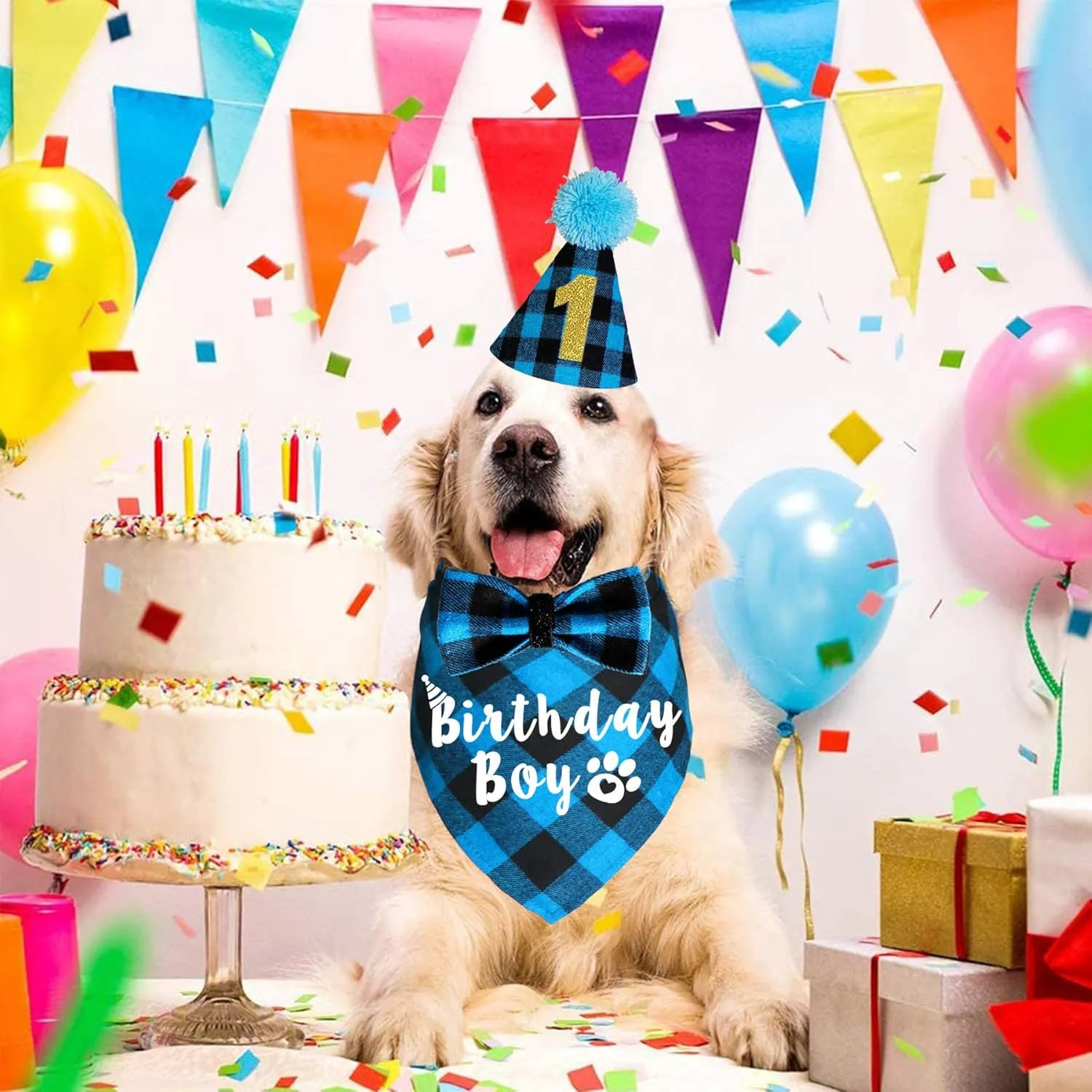 Dog Birthday Party Supplies, Plaid Dog Birthday Hat with Numbers Bandana Bow Tie for Small Medium Large Dogs Pets (Light Blue, Bandana & Hat & Bow Tie & Number)