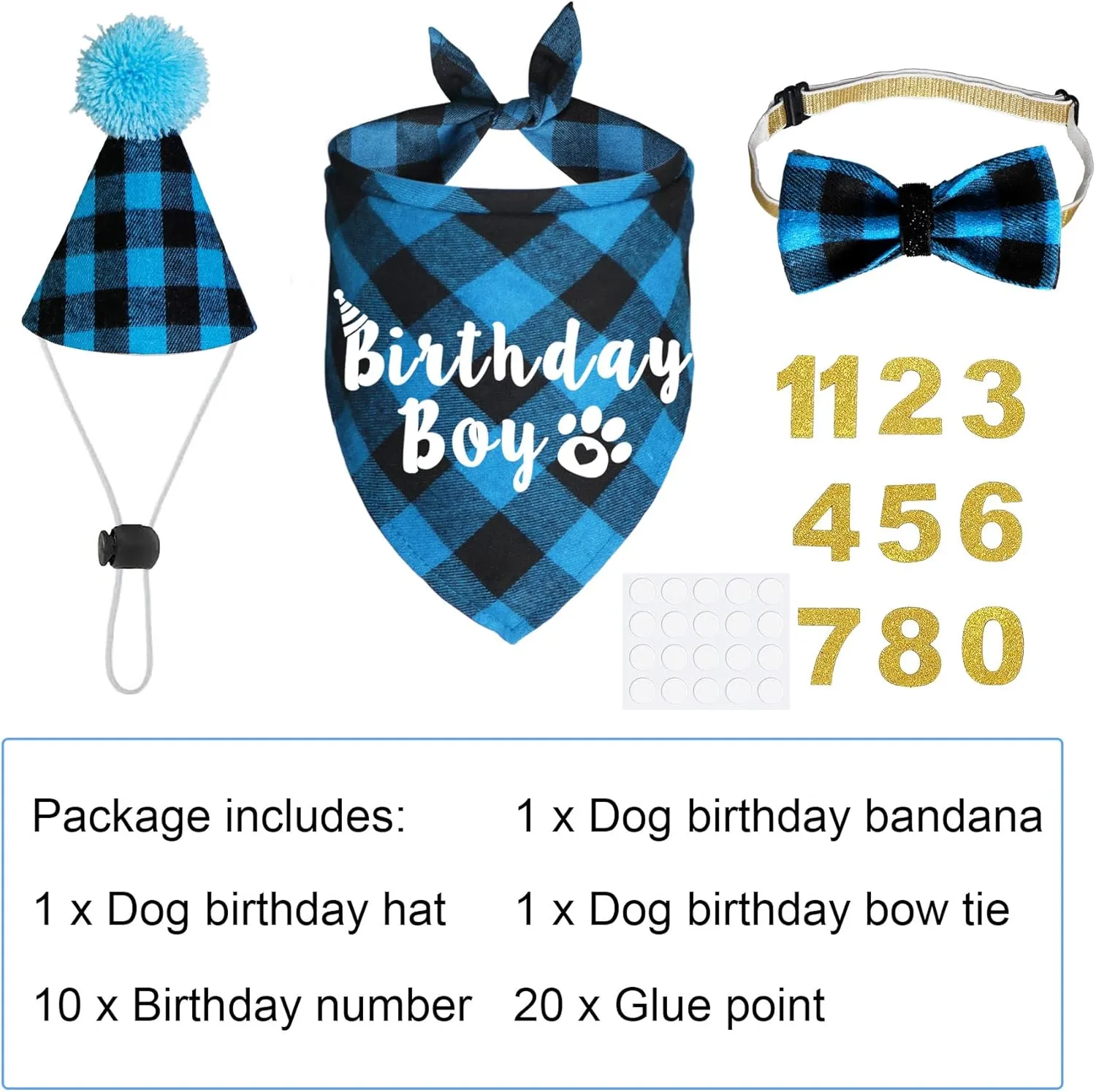 Dog Birthday Party Supplies, Plaid Dog Birthday Hat with Numbers Bandana Bow Tie for Small Medium Large Dogs Pets (Light Blue, Bandana & Hat & Bow Tie & Number)
