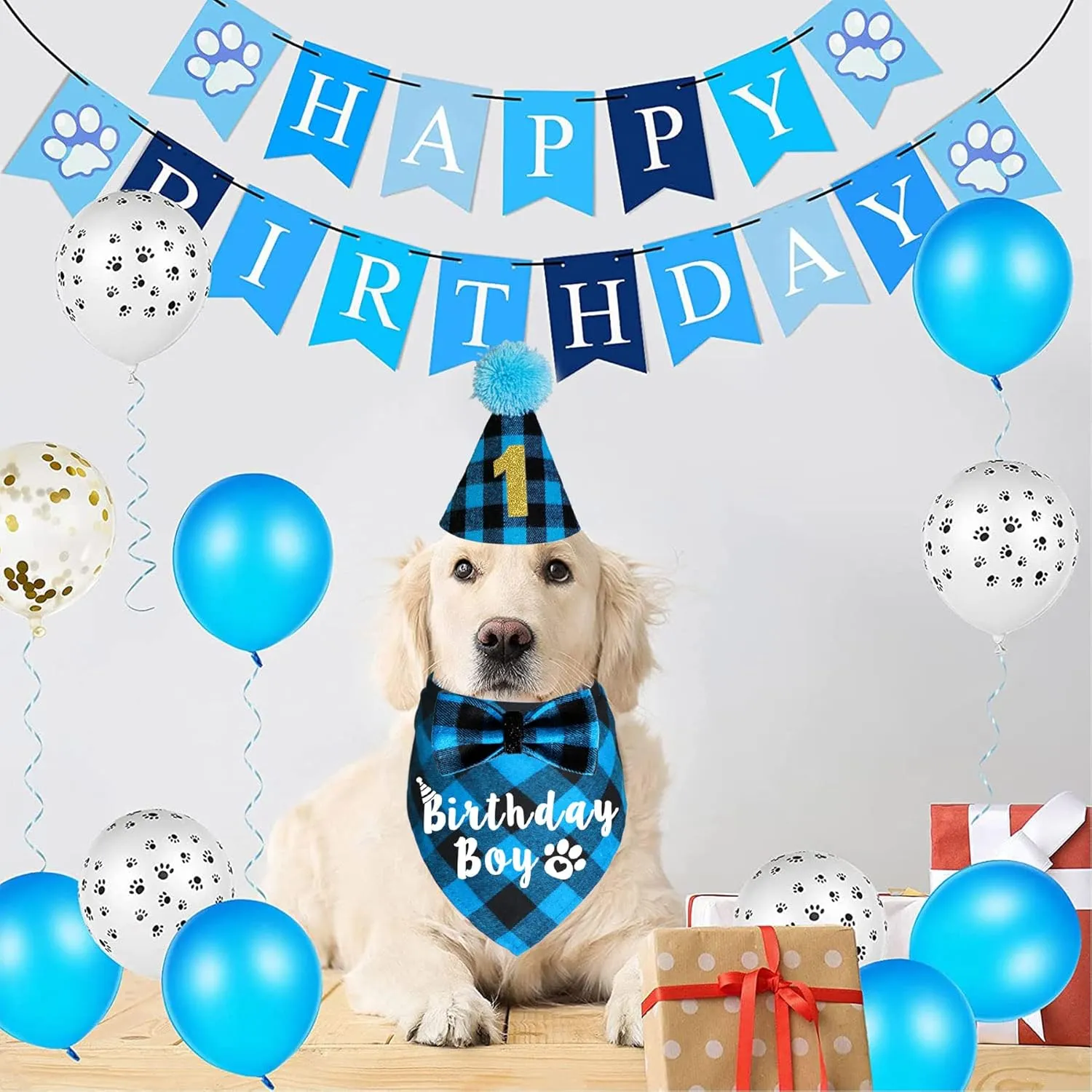 Dog Birthday Party Supplies, Plaid Dog Birthday Hat with Numbers Bandana Bow Tie for Small Medium Large Dogs Pets (Light Blue, Bandana & Hat & Bow Tie & Number)
