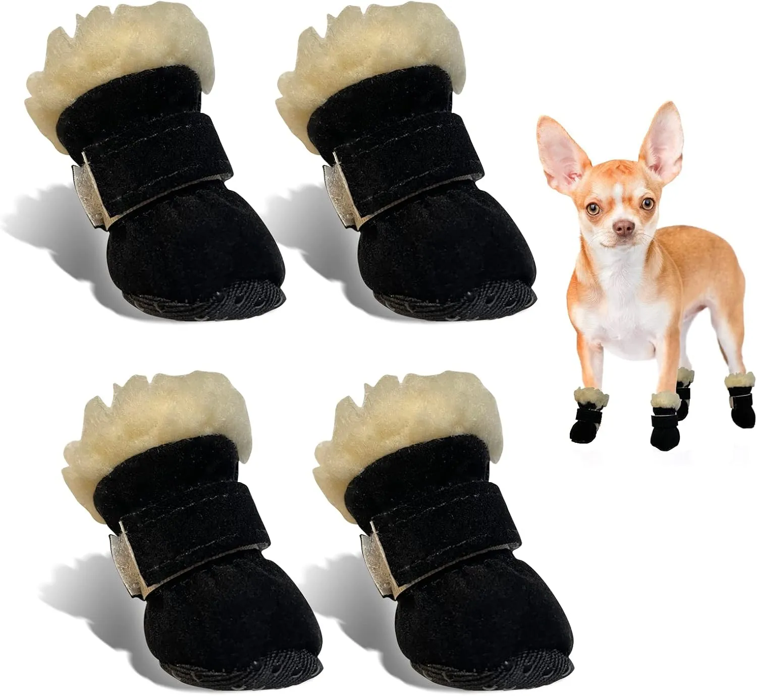 Dog Boots, Fleece Dog Shoes for Small Dogs, Anti-Slip Sole Dog Boots & Paw Protectors, Dog Winter Snow Booties for Outdoor Walking Running