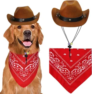 Dog Halloween Costumes, Dog Cowboy Costume Halloween Pet Cowboy Hat Bandana Scarf for Small Medium Large Dogs Pets (Brown Hat & Red Bandana, Large)