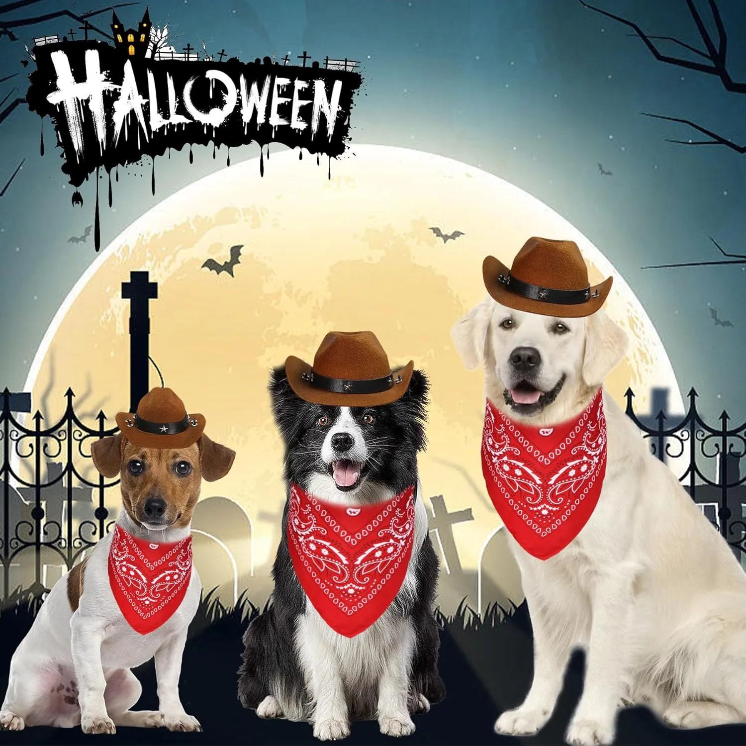 Dog Halloween Costumes, Dog Cowboy Costume Halloween Pet Cowboy Hat Bandana Scarf for Small Medium Large Dogs Pets (Brown Hat & Red Bandana, Large)