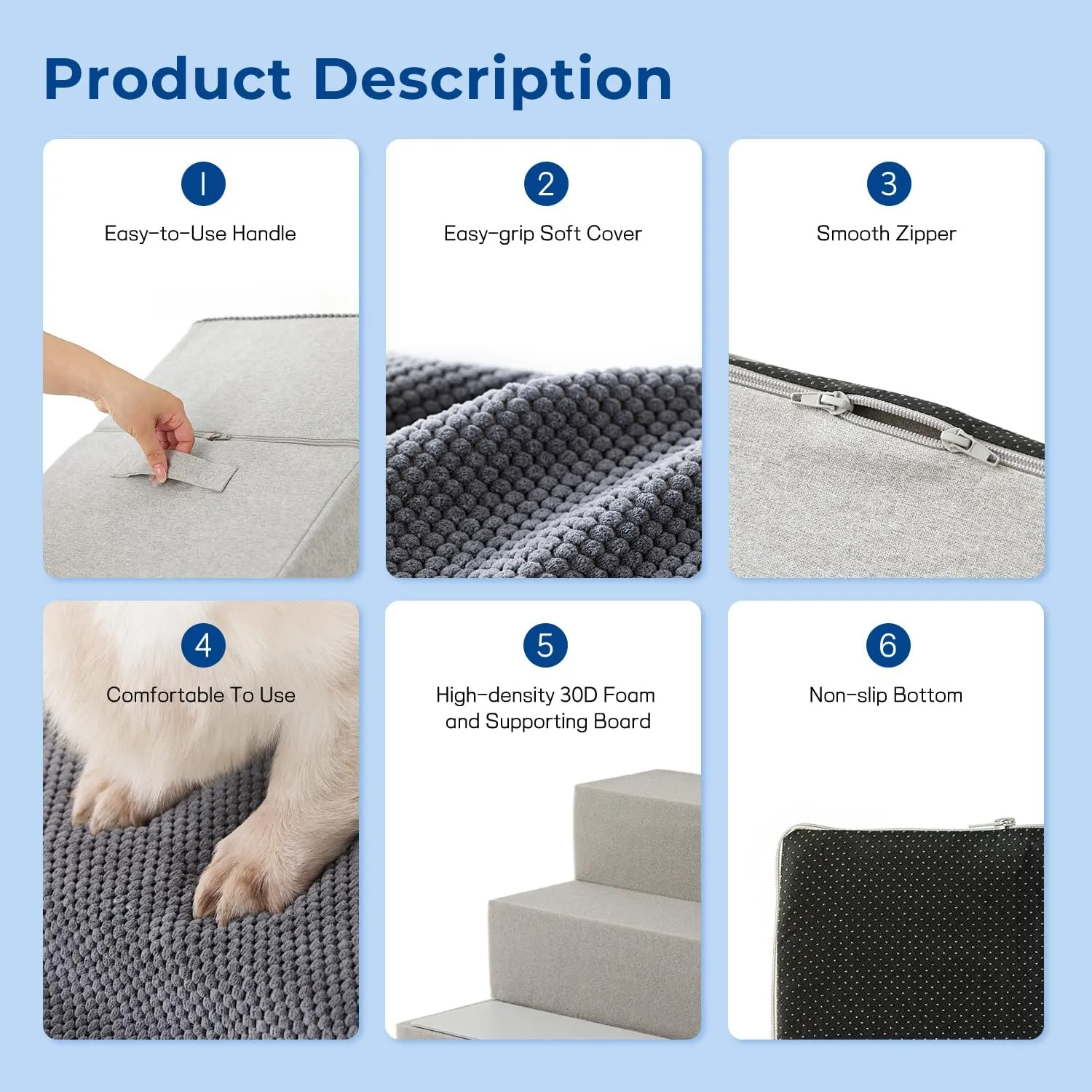 Dog Steps for Couch - Pet Stairs for Small Dogs and Cats, Dog Steps with Non-Slip Bottom Grey 3 Steps, Grey