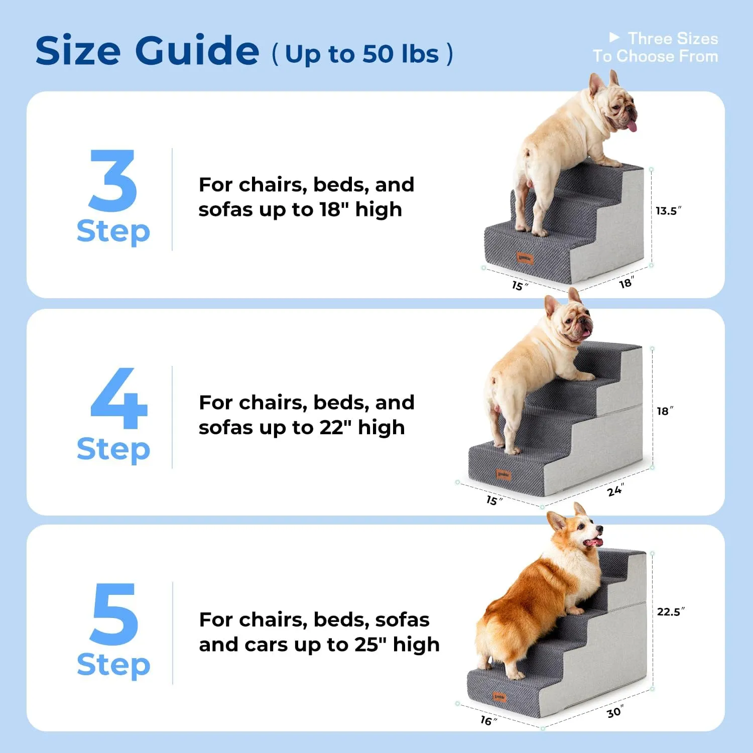 Dog Steps for Couch - Pet Stairs for Small Dogs and Cats, Dog Steps with Non-Slip Bottom Grey 3 Steps, Grey
