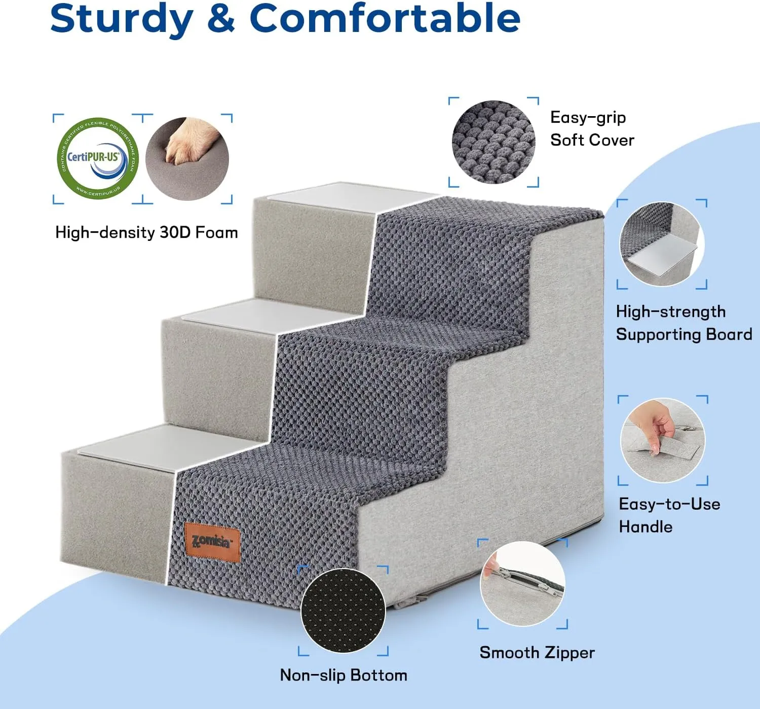 Dog Steps for Couch - Pet Stairs for Small Dogs and Cats, Dog Steps with Non-Slip Bottom Grey 3 Steps, Grey