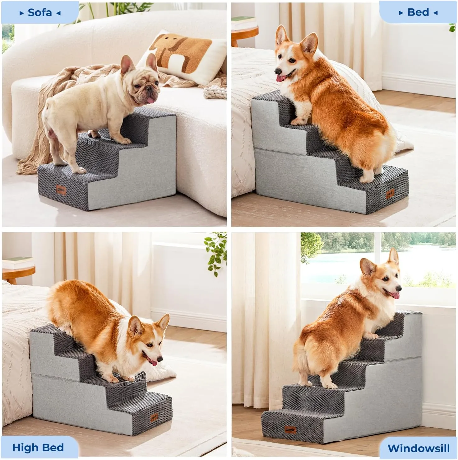 Dog Steps for Couch - Pet Stairs for Small Dogs and Cats, Dog Steps with Non-Slip Bottom Grey 3 Steps, Grey