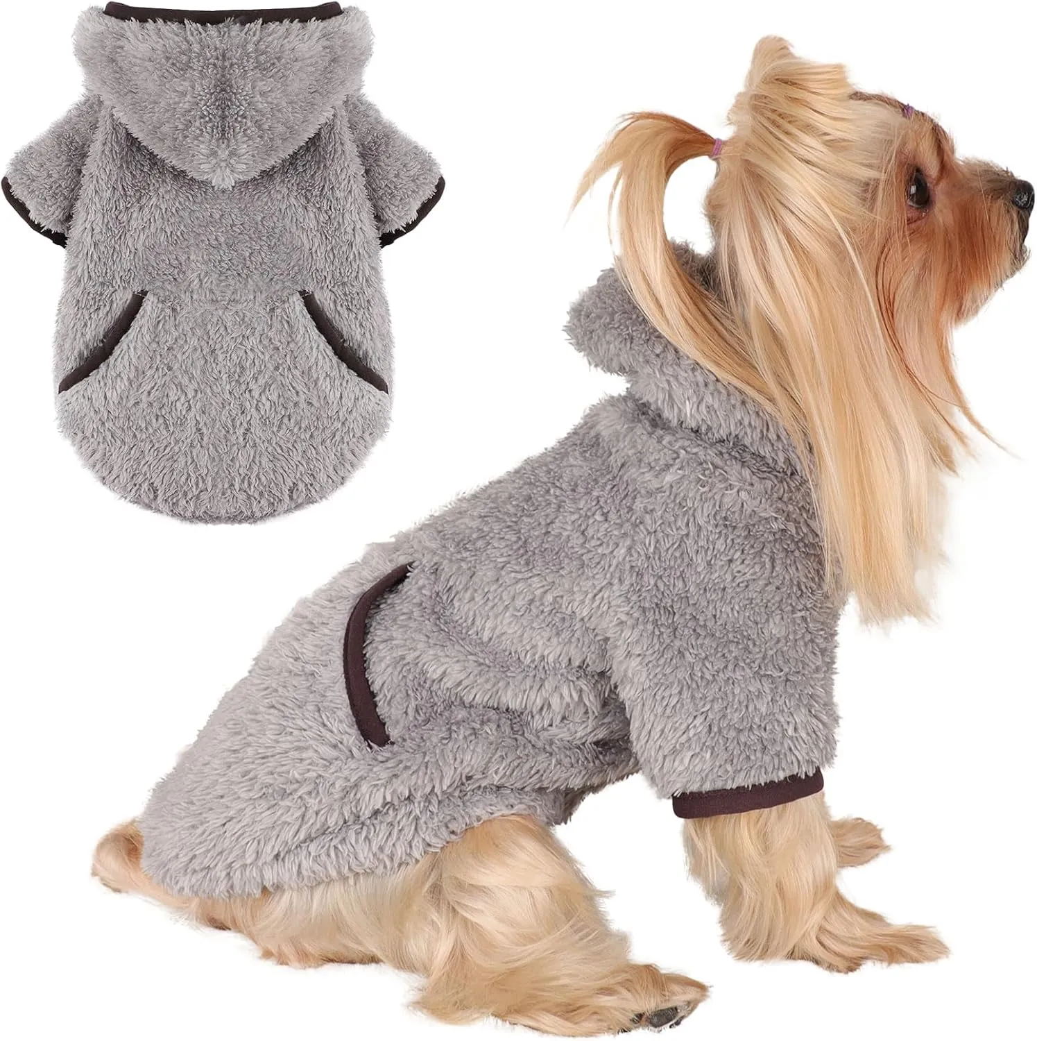 Dog Sweaters for Small Dogs Boy Male Fleece Dog Hoodie Winter Puppy Sweater Chihuahua Teacup Yorkie Soft Stretchy Tiny Clothes Cat Sweater Pet Outfits, Grey, XS
