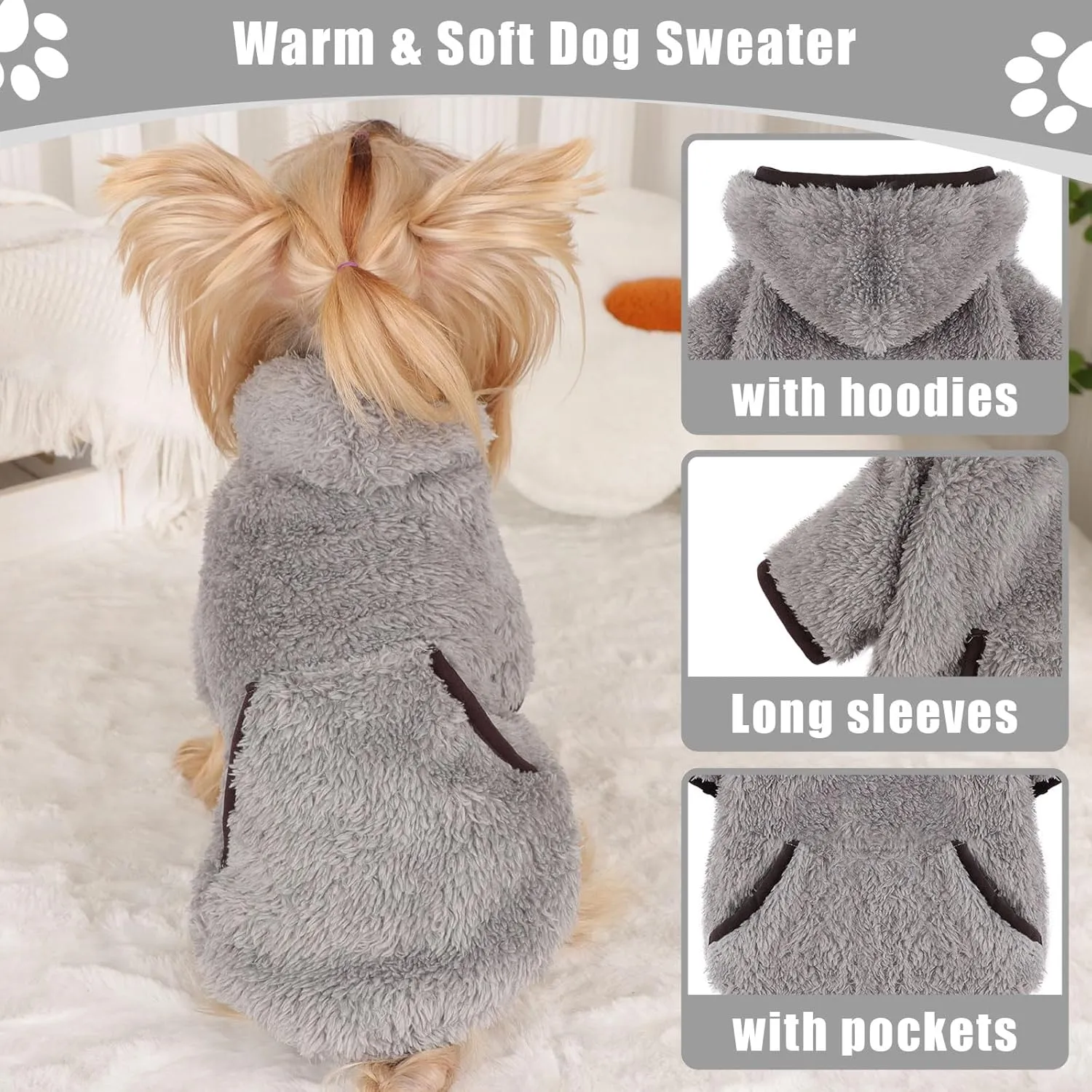 Dog Sweaters for Small Dogs Boy Male Fleece Dog Hoodie Winter Puppy Sweater Chihuahua Teacup Yorkie Soft Stretchy Tiny Clothes Cat Sweater Pet Outfits, Grey, XS
