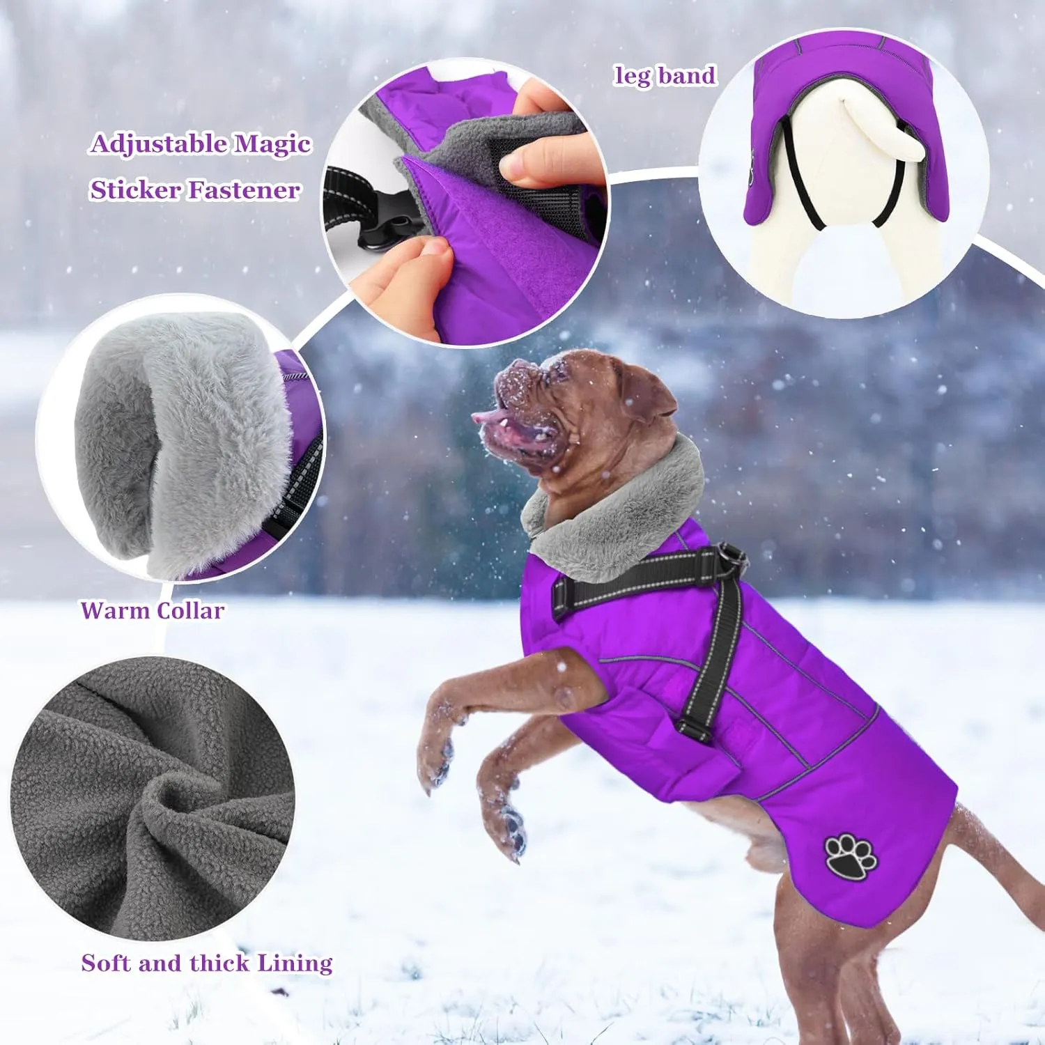 Doglay Dog Jacket Waterproof Dog Coat with Harness Built in, Christmas Puppy Winter Coat Reflective Turtleneck Puffer Snow Jackets for Small Medium Large Dogs