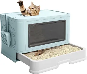 DWVO Enclosed Cat Litter Box with Lid, Two-Way Entry/Exit, Slide-Out Tray with High Edges, Litter Scoop, Self-Groomer, and Deodorizer Filter, Blue - 19" L x 15" W x 15" H