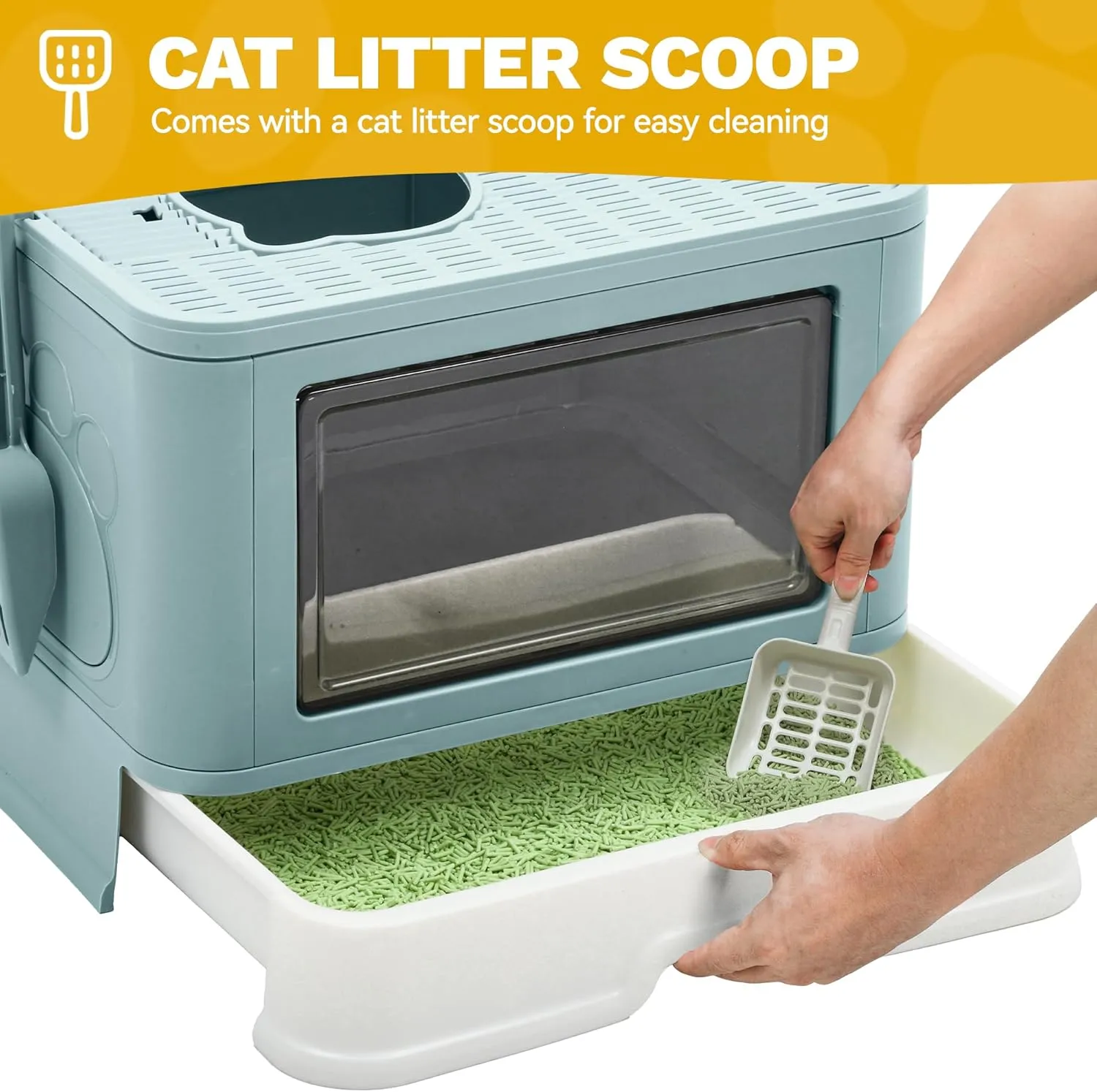 DWVO Enclosed Cat Litter Box with Lid, Two-Way Entry/Exit, Slide-Out Tray with High Edges, Litter Scoop, Self-Groomer, and Deodorizer Filter, Blue - 19" L x 15" W x 15" H