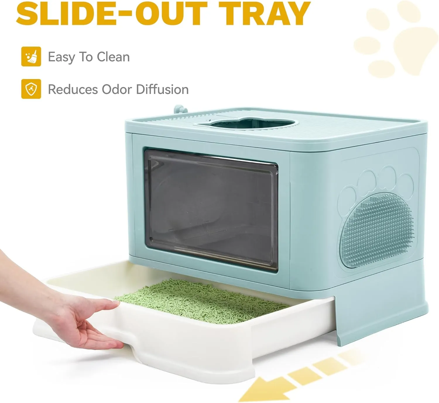DWVO Enclosed Cat Litter Box with Lid, Two-Way Entry/Exit, Slide-Out Tray with High Edges, Litter Scoop, Self-Groomer, and Deodorizer Filter, Blue - 19" L x 15" W x 15" H