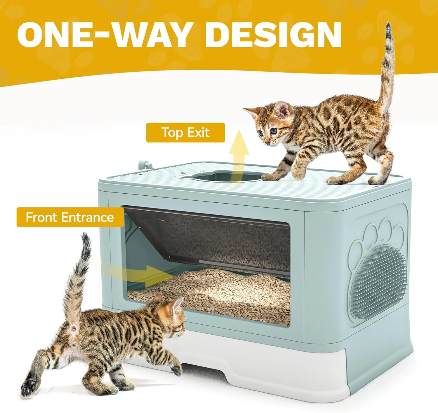 DWVO Enclosed Cat Litter Box with Lid, Two-Way Entry/Exit, Slide-Out Tray with High Edges, Litter Scoop, Self-Groomer, and Deodorizer Filter, Blue - 19" L x 15" W x 15" H