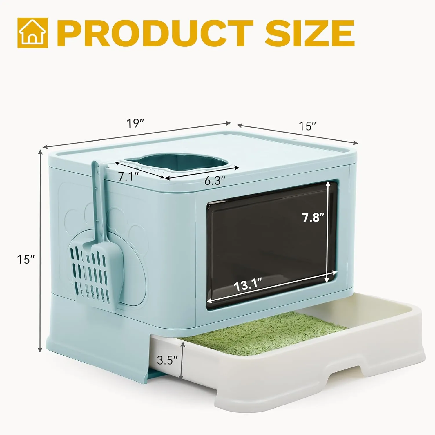 DWVO Enclosed Cat Litter Box with Lid, Two-Way Entry/Exit, Slide-Out Tray with High Edges, Litter Scoop, Self-Groomer, and Deodorizer Filter, Blue - 19" L x 15" W x 15" H