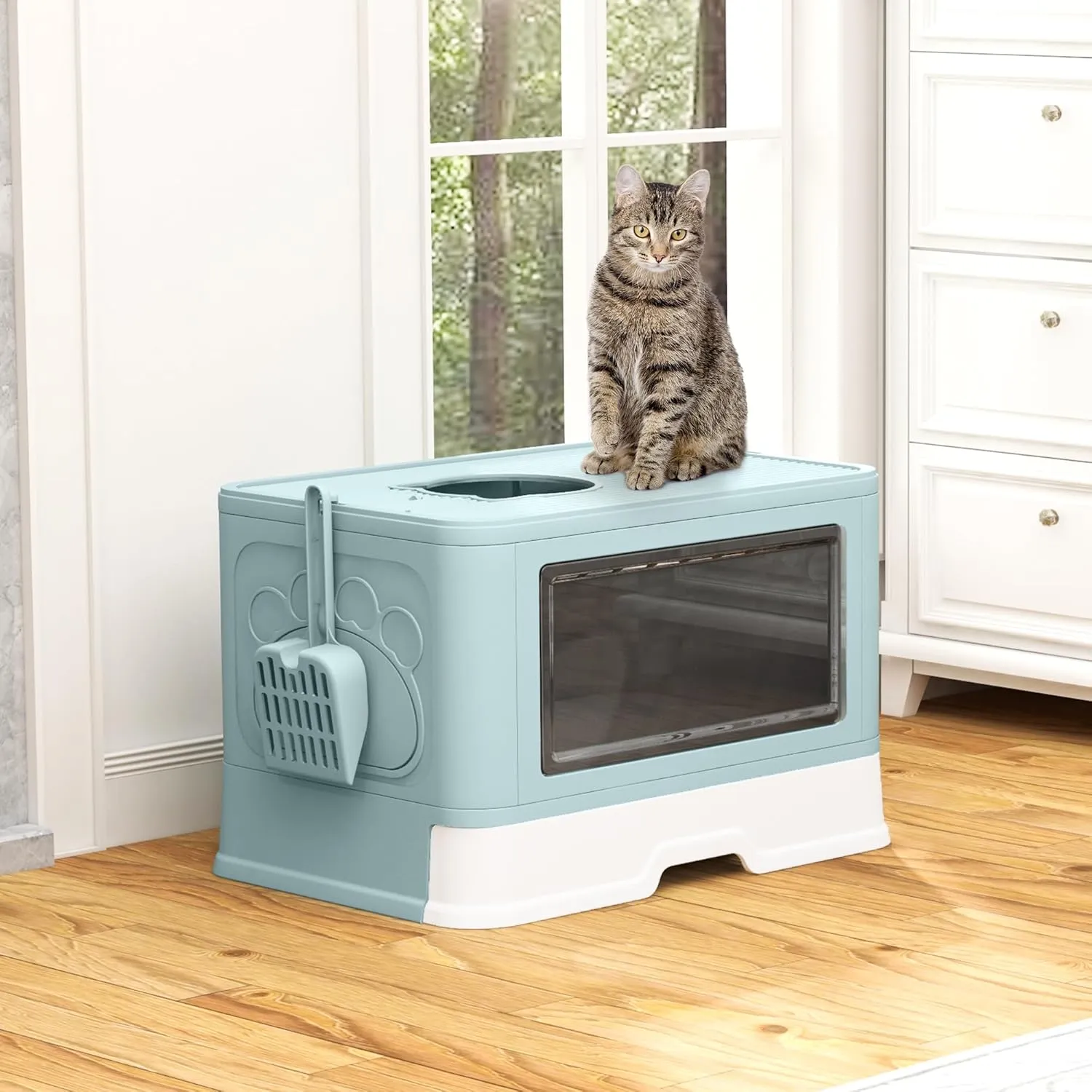 DWVO Enclosed Cat Litter Box with Lid, Two-Way Entry/Exit, Slide-Out Tray with High Edges, Litter Scoop, Self-Groomer, and Deodorizer Filter, Blue - 19" L x 15" W x 15" H