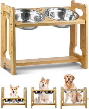 Elevated Dog Bowls, Adjustable Raised Dog Bowls Stand for Medium Dogs and Cats, Durable Bamboo Dog Feeder with Stainless Steel Bowls and Non-Slip Feet, Dog Food Bowls for Medium Dogs Cats