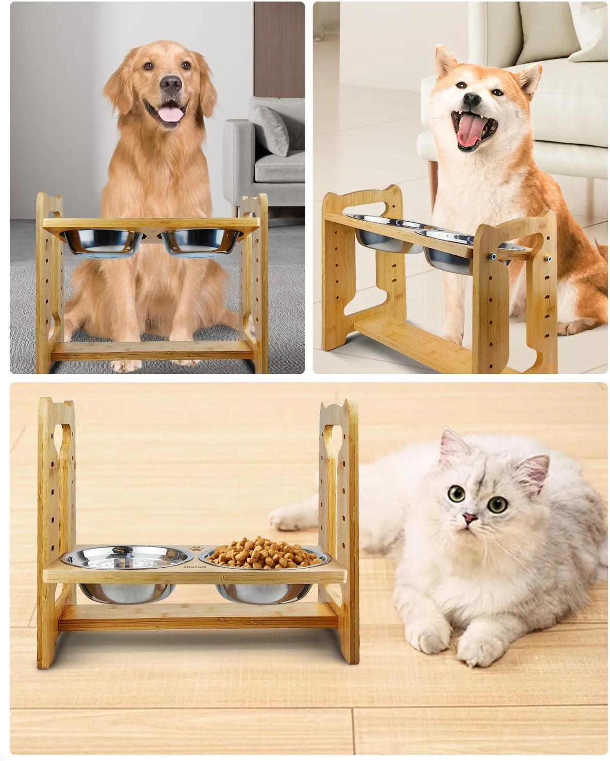 Elevated Dog Bowls, Adjustable Raised Dog Bowls Stand for Medium Dogs and Cats, Durable Bamboo Dog Feeder with Stainless Steel Bowls and Non-Slip Feet, Dog Food Bowls for Medium Dogs Cats