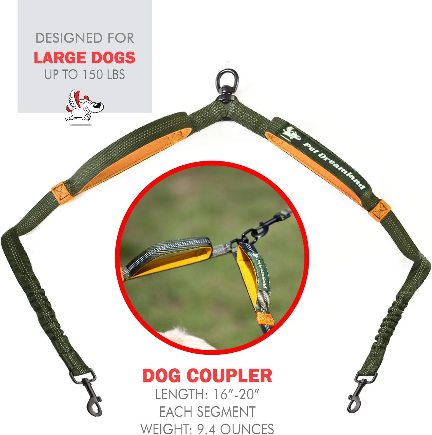 Exquisite Double Leash for Two Dogs  2 Dog Coupler  No-Tangle Splitter for Large Dogs  Dual Attachment (Coupler Only, Large, Khaki & Orange)