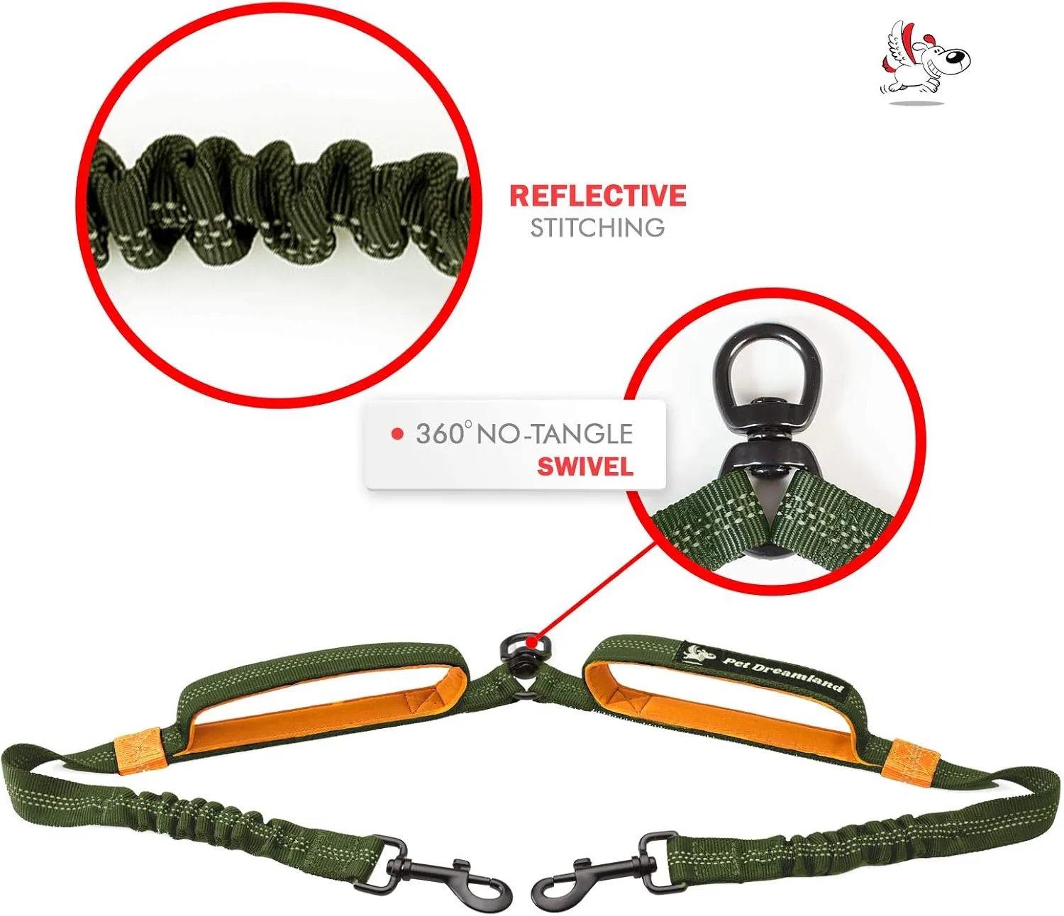 Exquisite Double Leash for Two Dogs  2 Dog Coupler  No-Tangle Splitter for Large Dogs  Dual Attachment (Coupler Only, Large, Khaki & Orange)