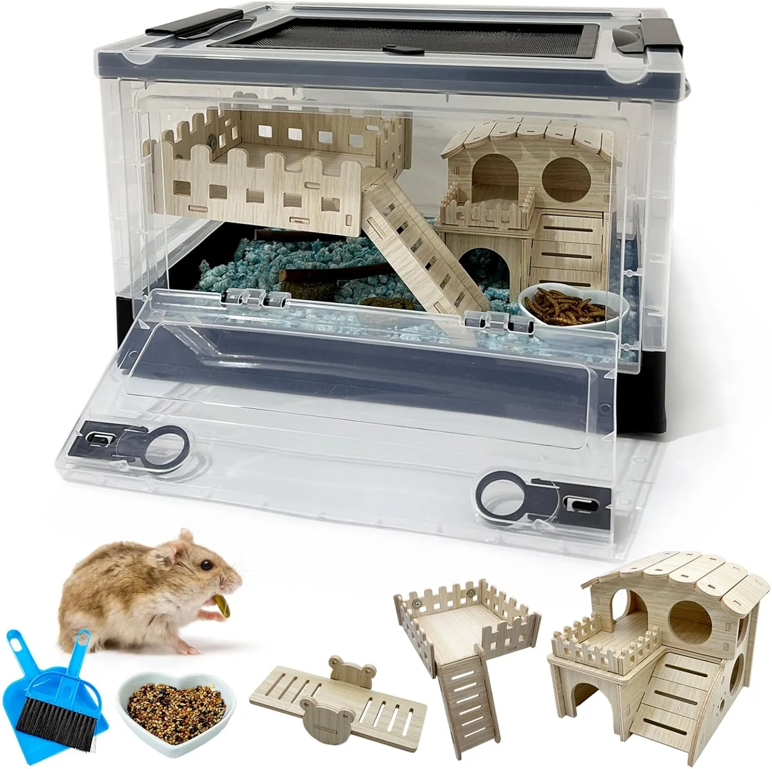Foldable Dwarf Hamster Cages Kits 6 Pack Portable Rat Cage with Wheels -360 Viewing Transparent Plastic Habitat and Mice Castle House, Platform, Food Bowl for Mouse Black 15.5X 11.6 x 9.4in