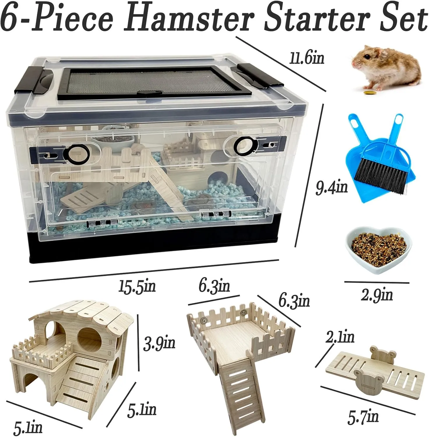 Foldable Dwarf Hamster Cages Kits 6 Pack Portable Rat Cage with Wheels -360 Viewing Transparent Plastic Habitat and Mice Castle House, Platform, Food Bowl for Mouse Black 15.5X 11.6 x 9.4in