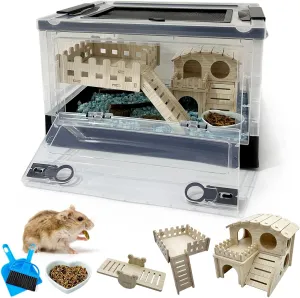 Foldable Dwarf Hamster Cages Kits 6 Pack Portable Rat Cage with Wheels -360 Viewing Transparent Plastic Habitat and Mice Castle House, Platform, Food Bowl for Mouse Black 15.5X 11.6 x 9.4in