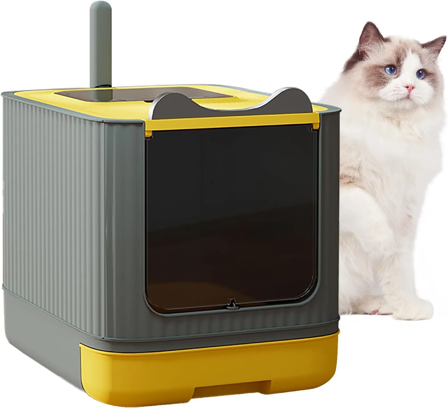 Fully Enclosed Cat Litter Box Enclosure, 17.72x13.78x4.49 Inches Premium Covered Cat Box with Lid, Anti-Splashing Easy to Clean Covered Kitty Litter Boxes, 3 Modes for Use(Yellow&Grey