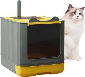 Fully Enclosed Cat Litter Box Enclosure, 17.72x13.78x4.49 Inches Premium Covered Cat Box with Lid, Anti-Splashing Easy to Clean Covered Kitty Litter Boxes, 3 Modes for Use(Yellow&Grey