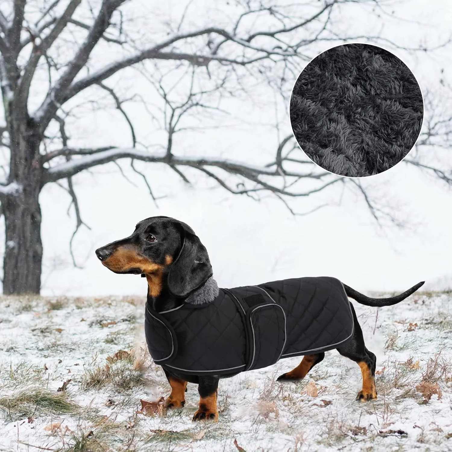 Geyecete Warm Thermal Quilted Dachshund Coat, Dog Winter Coat with Warm Fleece Lining, Outdoor Dog Apparel with Adjustable Bands for Medium, Large Dog-Black-L