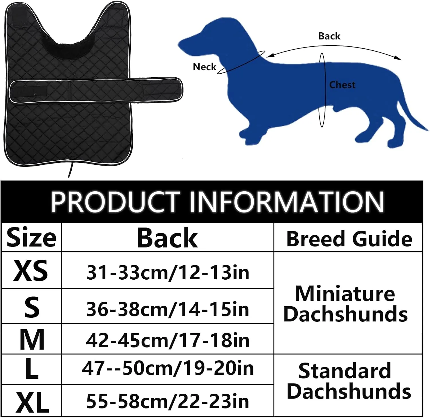 Geyecete Warm Thermal Quilted Dachshund Coat, Dog Winter Coat with Warm Fleece Lining, Outdoor Dog Apparel with Adjustable Bands for Medium, Large Dog-Black-L
