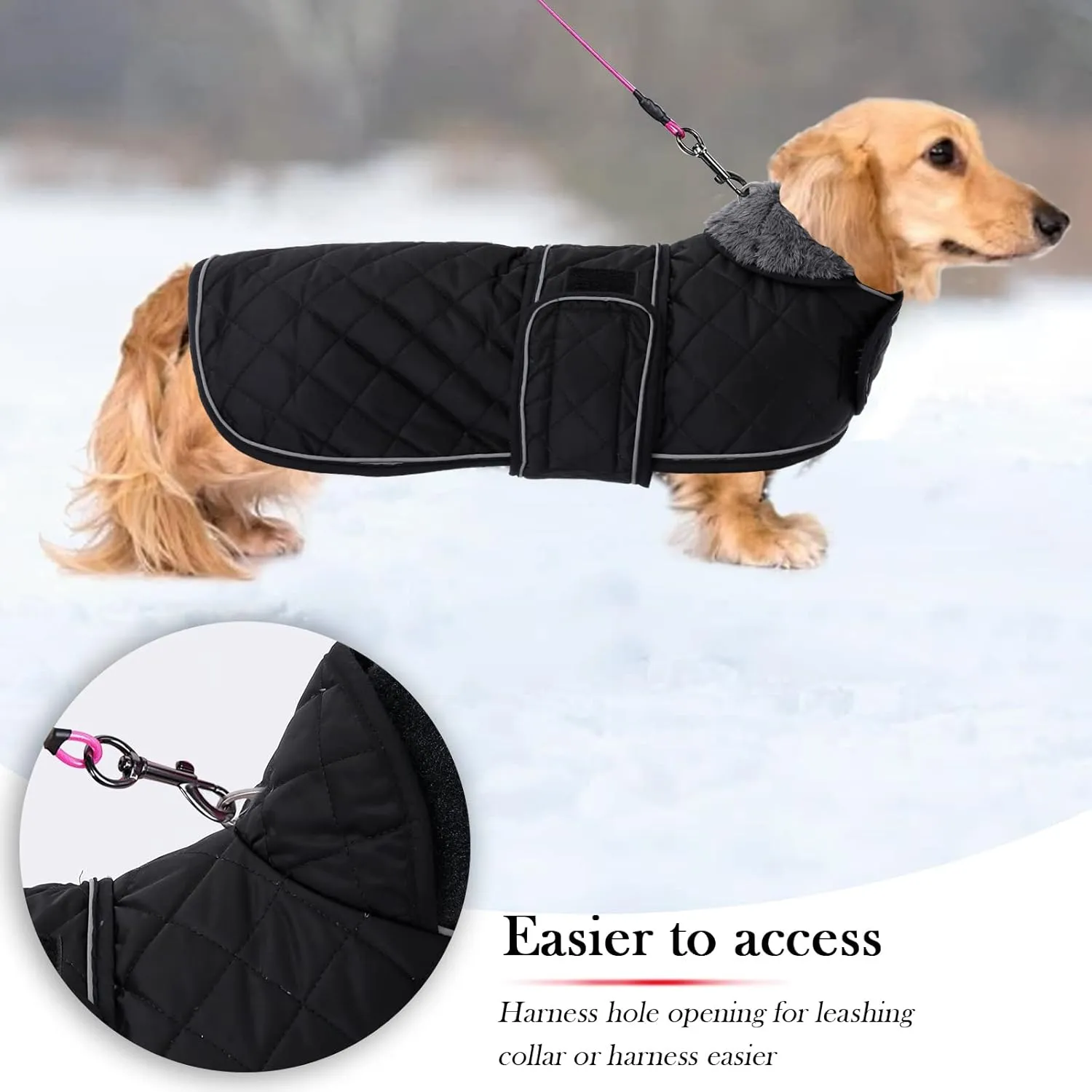 Geyecete Warm Thermal Quilted Dachshund Coat, Dog Winter Coat with Warm Fleece Lining, Outdoor Dog Apparel with Adjustable Bands for Medium, Large Dog-Black-L