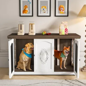 Hand Carved Solid Wood Dog Cage Furniture for 2 Large Dogs - Multifunctional TV Stand & Display Case, Ventilation Divider, Double Door with Lock, Elegant Pet Cage for Home Decoration (White62inch)