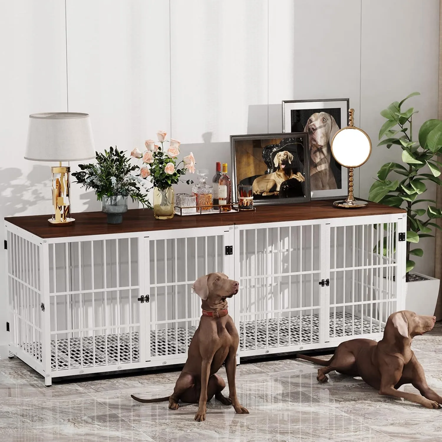 Heavy Duty Dog Crate Furniture: 42inch Wooden Side Table Metal Cage with Three Doors and Removable Tray - XLarge Indoor Pet Sturdy House with Wire Mesh Bottom Modern Dog Cabinet for Medium Large Dogs