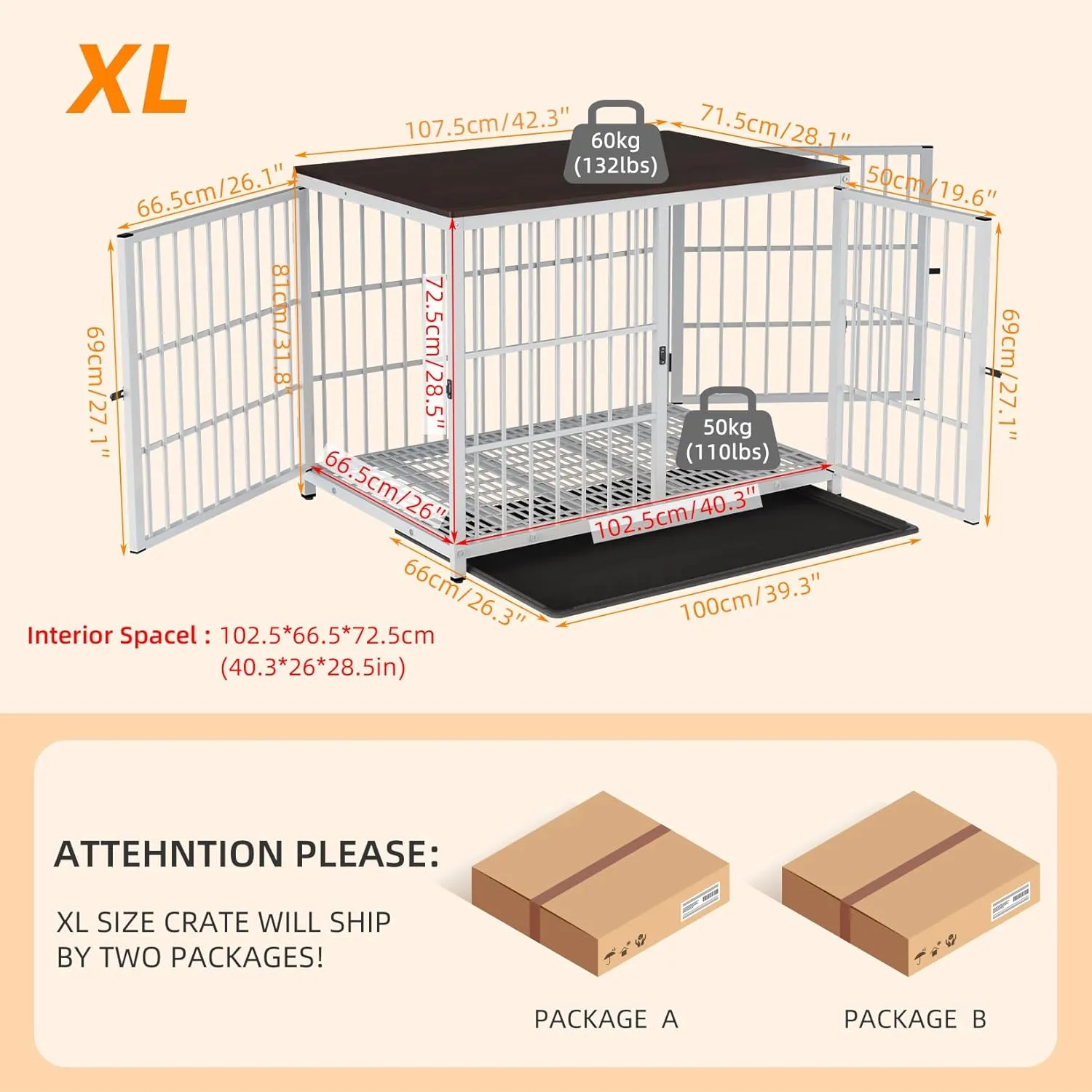 Heavy Duty Dog Crate Furniture: 42inch Wooden Side Table Metal Cage with Three Doors and Removable Tray - XLarge Indoor Pet Sturdy House with Wire Mesh Bottom Modern Dog Cabinet for Medium Large Dogs