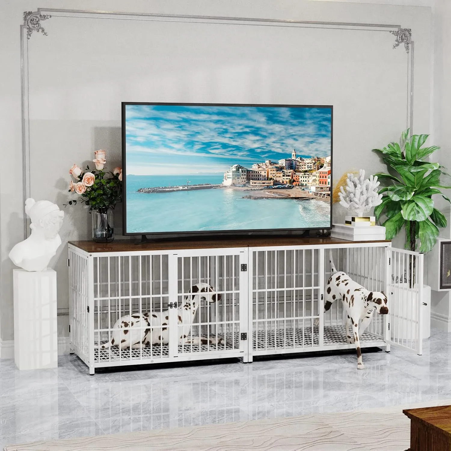 Heavy Duty Dog Crate Furniture: 42inch Wooden Side Table Metal Cage with Three Doors and Removable Tray - XLarge Indoor Pet Sturdy House with Wire Mesh Bottom Modern Dog Cabinet for Medium Large Dogs