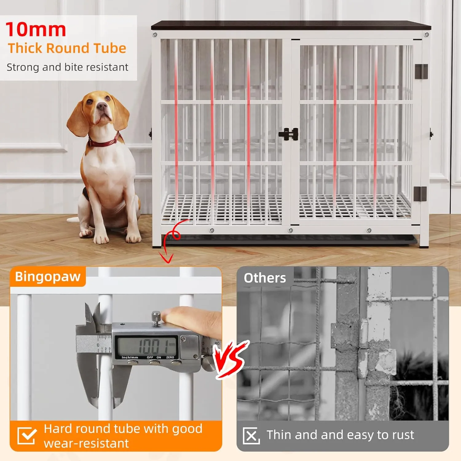 Heavy Duty Dog Crate Furniture: 42inch Wooden Side Table Metal Cage with Three Doors and Removable Tray - XLarge Indoor Pet Sturdy House with Wire Mesh Bottom Modern Dog Cabinet for Medium Large Dogs