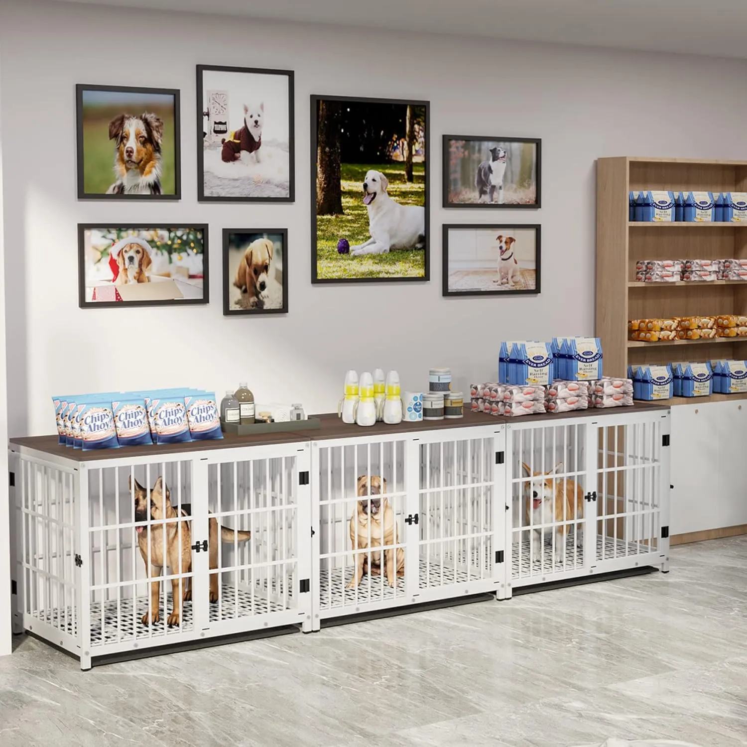 Heavy Duty Dog Crate Furniture: 42inch Wooden Side Table Metal Cage with Three Doors and Removable Tray - XLarge Indoor Pet Sturdy House with Wire Mesh Bottom Modern Dog Cabinet for Medium Large Dogs