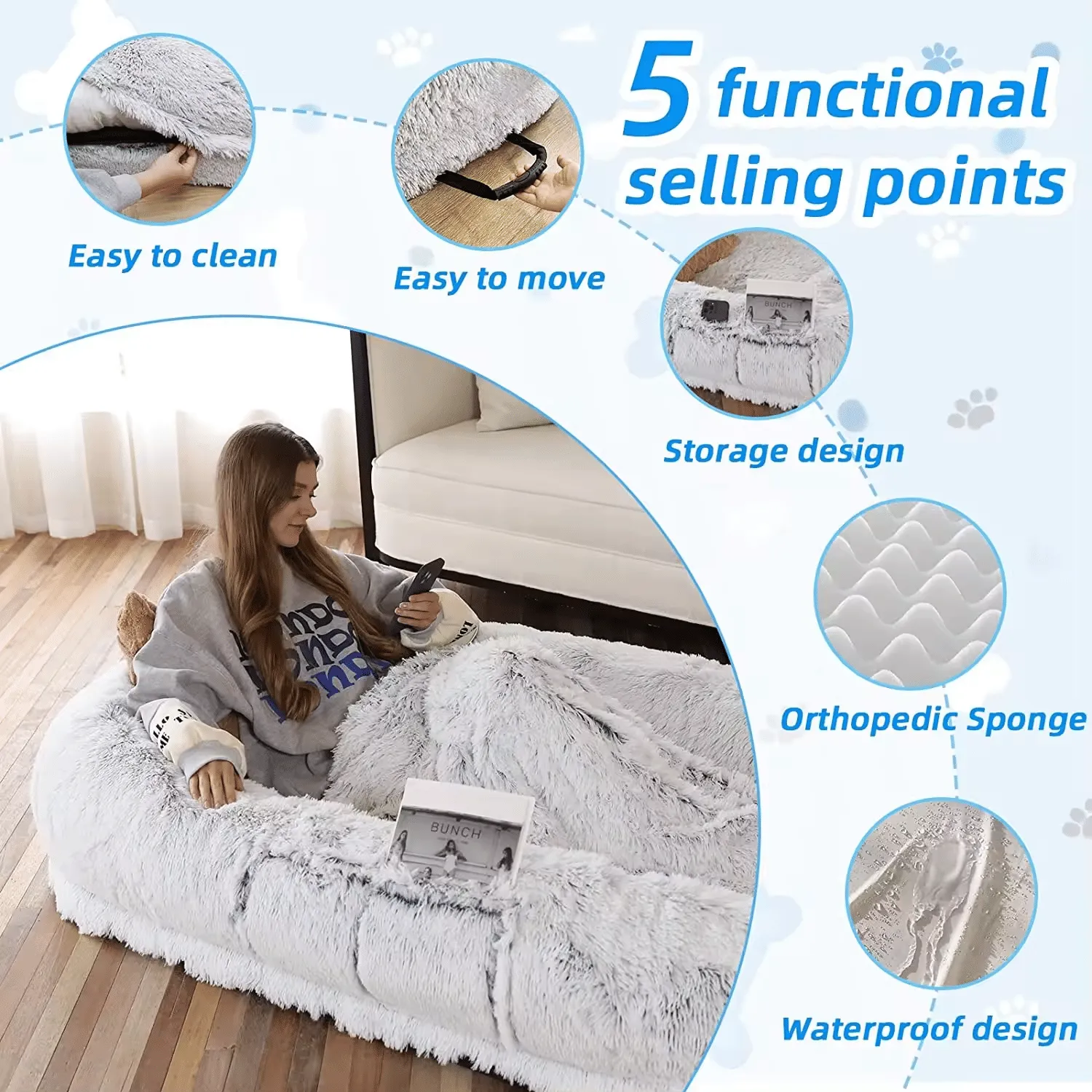 Human Dog Bed, 71''x40''x12'' Size Fits You and Pets, Washable Faux Fur Dog Bed for People Doze Off, Napping Orthopedic Dog Bed (GREY)