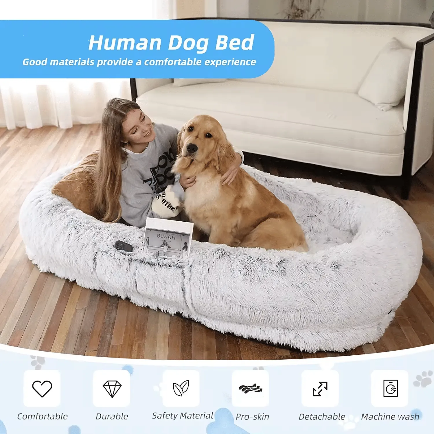 Human Dog Bed, 71''x40''x12'' Size Fits You and Pets, Washable Faux Fur Dog Bed for People Doze Off, Napping Orthopedic Dog Bed (GREY)