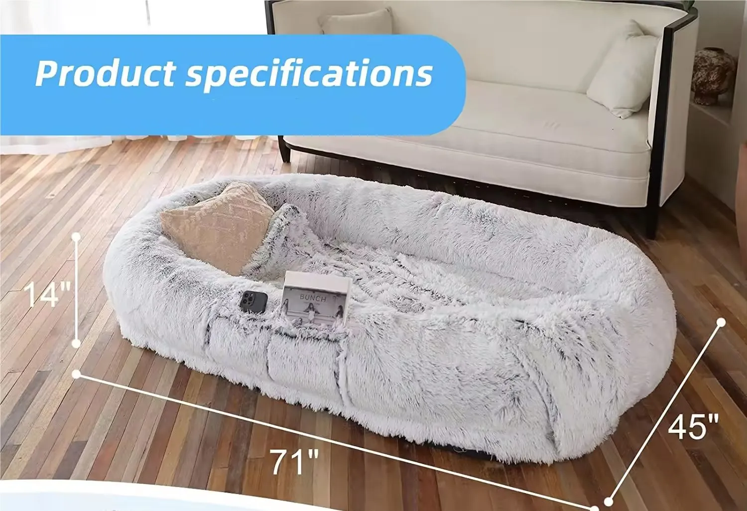 Human Dog Bed, 71''x40''x12'' Size Fits You and Pets, Washable Faux Fur Dog Bed for People Doze Off, Napping Orthopedic Dog Bed (GREY)