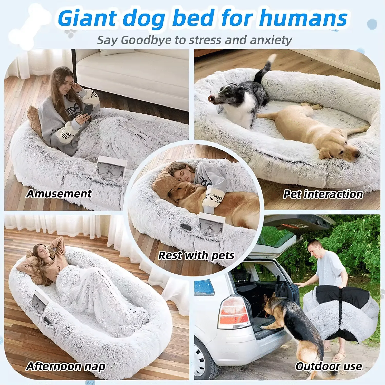 Human Dog Bed, 71''x40''x12'' Size Fits You and Pets, Washable Faux Fur Dog Bed for People Doze Off, Napping Orthopedic Dog Bed (GREY)