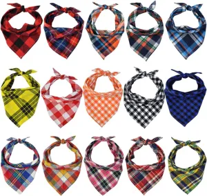Lee-buty 15pcs Dog Bandanas, Dog Scarf Kerchief Dog Bibs Washable Girl Boy Dog Bandanas Set Cotton Checkered Pet Dog Bandanas Outdoor Dog Fall Bandanas Accessories for Small Medium Large Dogs Cat Pet