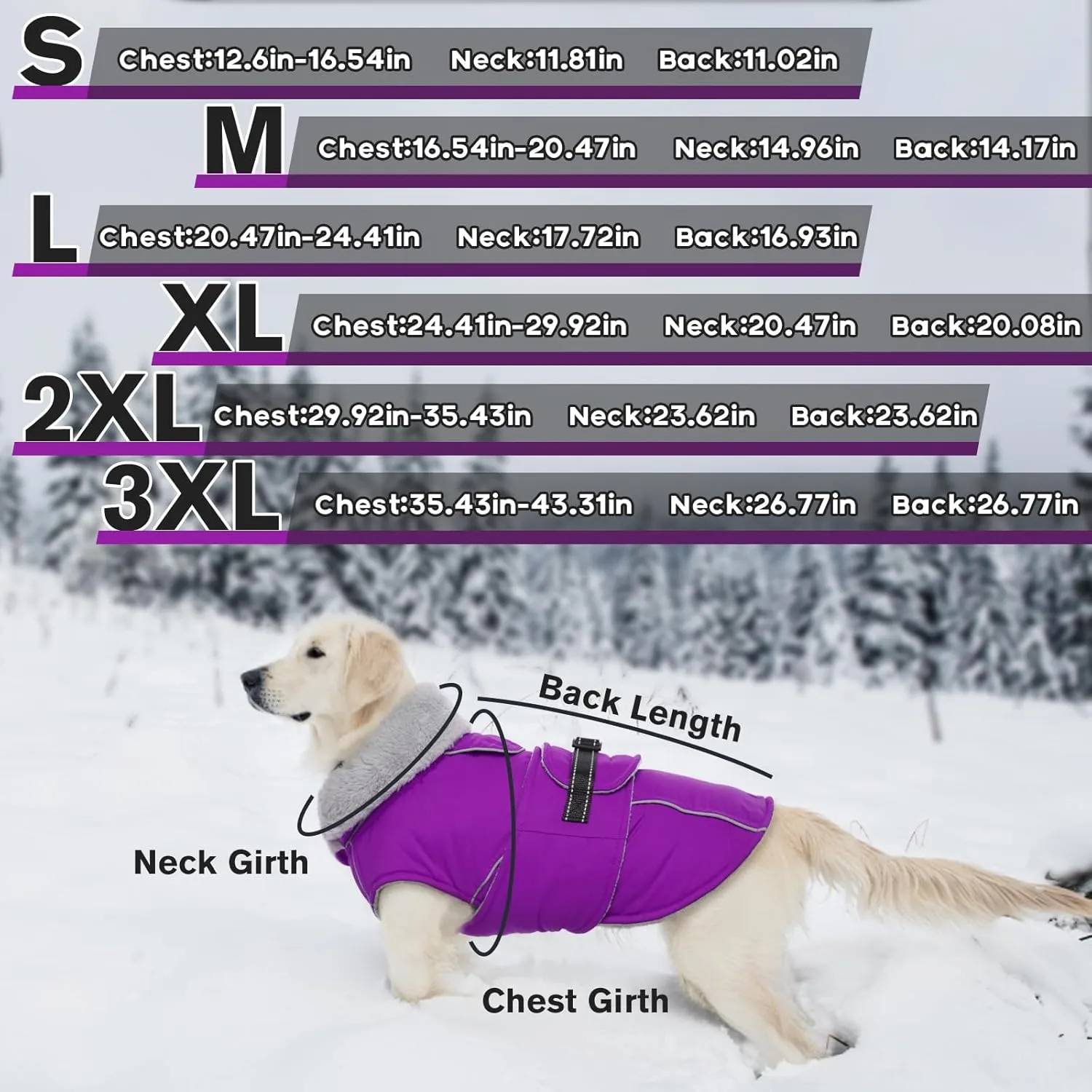 Lelepet Warm Dog Coat Reflective Fleece Vest Waterproof Dog Jacket with Adjustable Buckle Hook & Loop Windproof Cold Weather Coats for Small Medium Large Dogs, Purple, L