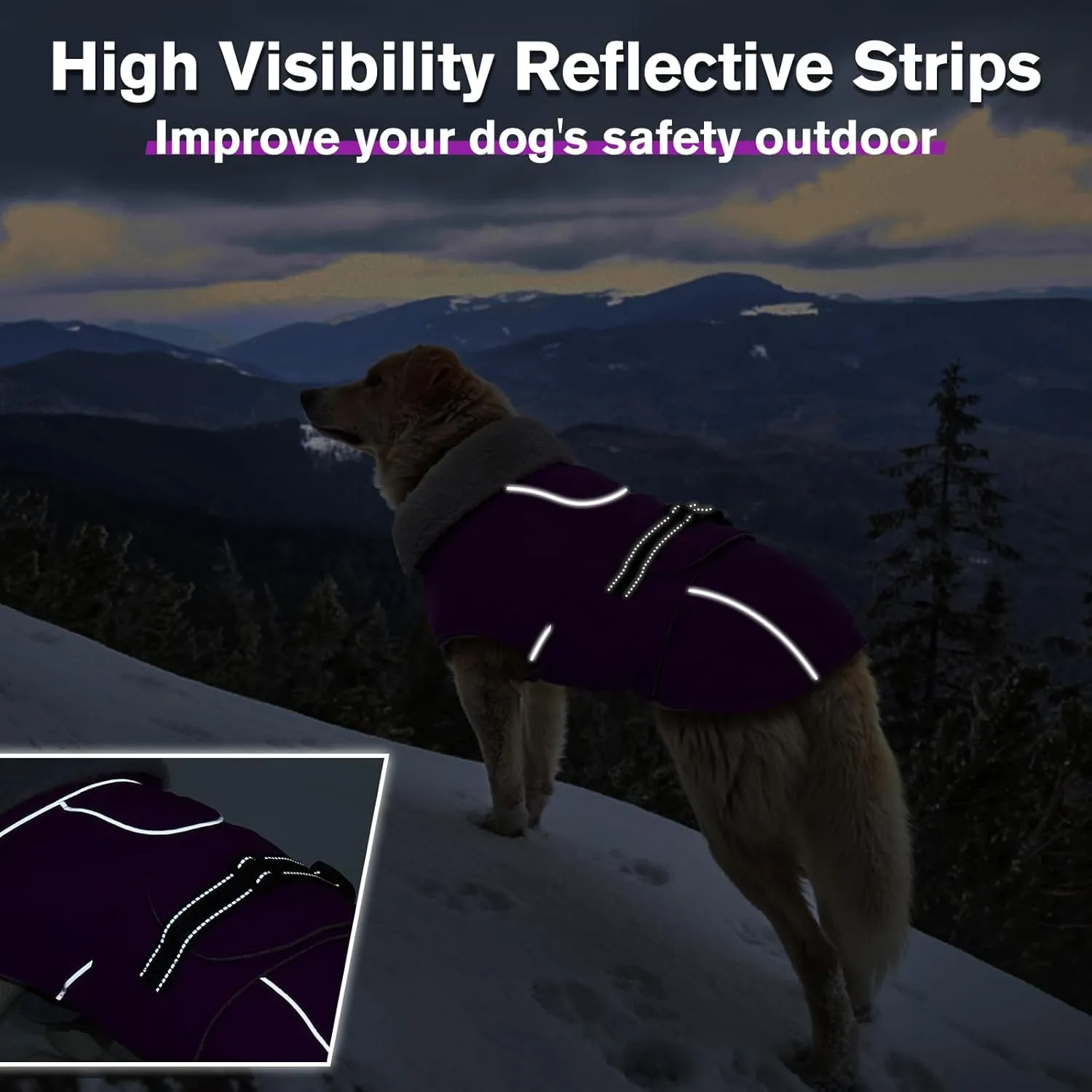 Lelepet Warm Dog Coat Reflective Fleece Vest Waterproof Dog Jacket with Adjustable Buckle Hook & Loop Windproof Cold Weather Coats for Small Medium Large Dogs, Purple, L