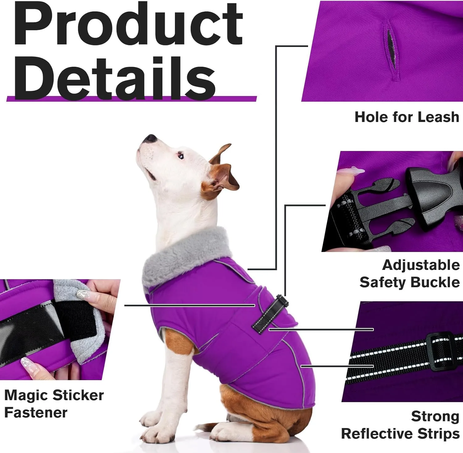 Lelepet Warm Dog Coat Reflective Fleece Vest Waterproof Dog Jacket with Adjustable Buckle Hook & Loop Windproof Cold Weather Coats for Small Medium Large Dogs, Purple, L