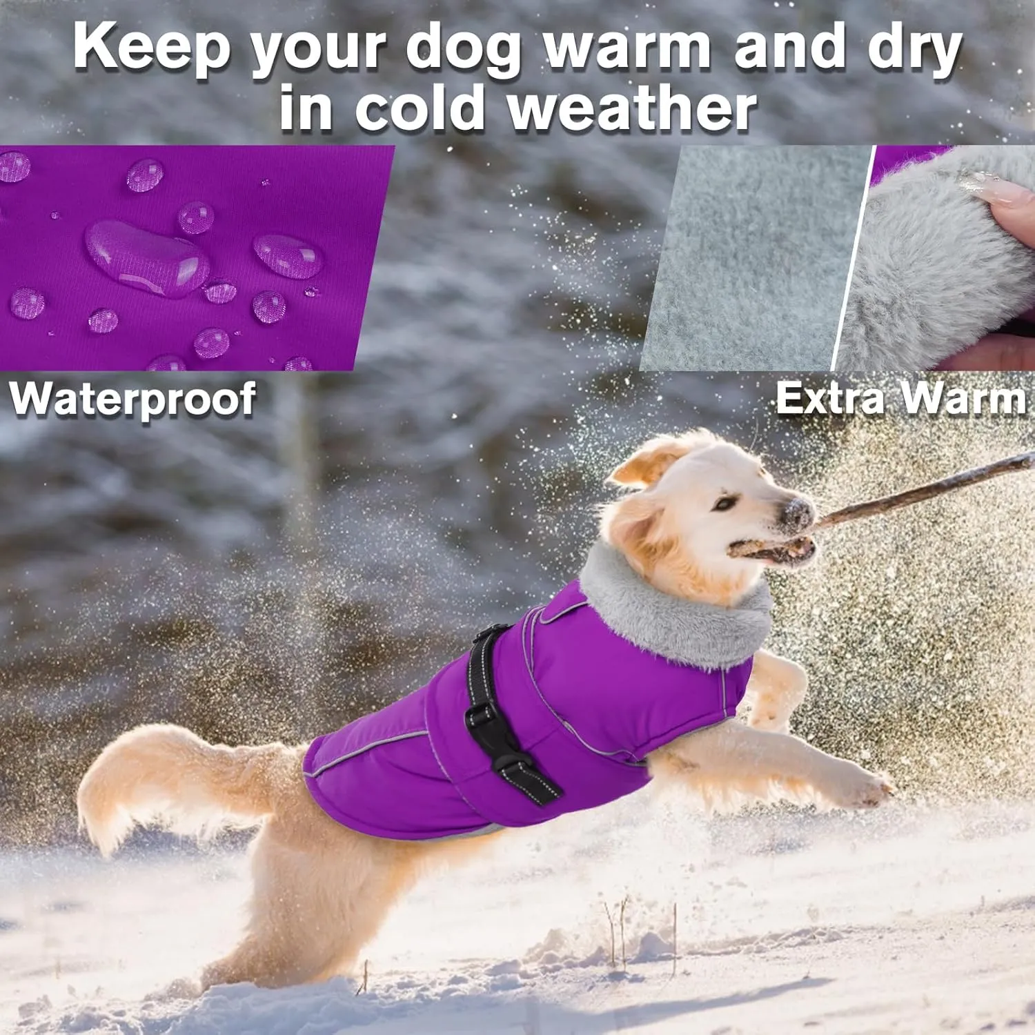 Lelepet Warm Dog Coat Reflective Fleece Vest Waterproof Dog Jacket with Adjustable Buckle Hook & Loop Windproof Cold Weather Coats for Small Medium Large Dogs, Purple, L